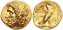 Calabria, Taras. Gold Stater (8.55 g), ca. 276-272 BC. Nikar…, magistrate. Laureate head of Zeus left; behind, NK monogram. Reverse: BAΣIΛIΣΣHΣ KΛEOΠATPAΣ ΘEAΣ KAI BAΣIΛEΩΣ ANTIOΧOY, eagle with wings 