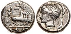 Sicily, Syracuse. Second Democracy. Silver Tetradrachm (17.03 g), 466-405 BC. Obverse die signed by Euainetos, reverse die signed by Eumenes. Ca. 413-405 BC. Charioteer, holding kentron and reins, dri