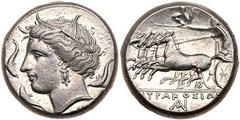 Sicily, Syracuse. Agathokles. Silver Tetradrachm (16.82 g), 317-289 BC. Ca. 317-310 BC. Wreathed head of Arethusa left, surrounded by three dolphins; below neck, [NK]. Reverse: [Σ]YPAKOΣIΩ[N] in exerg