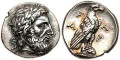 Elis, Olympia. 110th Olympiad. Silver Stater (12.14 g), 340 BC. Laureate head of Zeus right. Reverse: F-A, eagle with folded wings standing right atop head of ram right; across field. A-P. Seltman 194