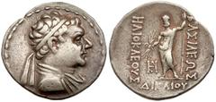 Baktrian Kingdom. Heliokles I. Silver Tetradrachm (16.79 g), ca. 145-130 BC. Diademed and draped bust of Heliokles I right. Reverse: BAΣIΛEΩΣ HΛIOKΛEOYΣ ΔIKAIOY, Zeus standing facing, holding thunderb
