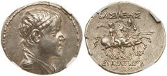 Baktrian Kingdom. Eukratides I. Silver Tetradrachm (16.98 g), ca. 171-145 BC. Diademed, draped and cuirassed bust of Eukratides I right. Reverse: BAΣIΛEΩΣ EYKPATIΔOY, the Dioskouroi, each holding palm