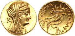 Ptolemaic Kingdom. Arsinöe II, wife of Ptolemy II. Gold octadrachm (27.38 g), died 270 BC. Alexandria, under Ptolemy VI-VIII, ca. 170-116 BC. Diademed and veiled head of Arsinöe II right; above, tip o