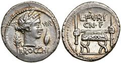 L. Furius Cn.f. Brocchus. Silver Denarius (3.81 g), 64 BC. Rome. III VIR across field, BROCCHI below, draped bust of Ceres right, wreathed with grain ears, between wheat ear and barley corn. Reverse: 