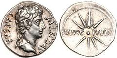 Augustus. Silver Denarius (3.85 g), 27 BC-AD 14. Tarraco(?), ca. 18 BC. CAESAR AVGVSTVS, laureate head of Augustus right. Reverse: DIVVS IVLIVS, comet with eight rays and tail. RIC 102 (Colonia Patric