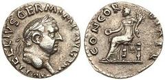 Vitellius. Silver Denarius (3.33 g), AD 69. Rome. A VITELLIVS GERM IMP AVG TR P, laureate head of Vitellius right. Reverse: CONCOR-DIA P R, Concordia seated left, holding patera and cornucopiae. RIC 9