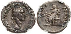 Nerva. Silver Denarius (3.32 g), AD 96-98. Rome, AD 96. IMP NERVA CAES AVG P M TR P COS II P P, laureate head of Nerva right. Reverse: SALVS AVG, Salus seated left, holding two grain-ears. RIC 9; BMC 