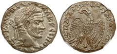 Macrinus, AD 217-218 AD. BI Tetradrachm (14.8g). Laodicea ad Mare in Syria. AY K M OΠ CEOY MAKPEINOC CEB, laureate head of Macrinus right. Reverse: ΔHMAPX EΞ YΠATOC ΠΠ, eagle standing facing, head and