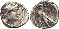 New Testament Coinage. Seleukid Kingdom. Antiochos VII Euergetes. 138-129 BC. Silver Didrachm (6.64 g). Tyre, SE 183 (130/29 BC). Diademed and draped bust of Antiochos VII right; c/m: PIH within squar