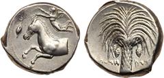 Sicily, Entella. Silver Tetradrachm (17.62 g), ca. 407-398 BC. Siculo-Punic issue. Forepart of horse left; above, Nike flying left, crowning horse with wreath; in left field, barley corn. Reverse: 'QR