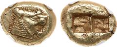 Lydian Kingdom. Alyattes to Kroisos. Electrum Trite (4.74 g), ca. 610-546 BC. Sardis. Head of roaring lion right, multiple-rayed sun on snout. Reverse: Two incuse square punches of unequal size. Weida