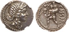 Julius Caesar. Silver Denarius (3.88 g), 48-47 BC. Military mint traveling with Caesar in North Africa. Diademed head of Venus right. Reverse: CAESAR, Aeneas advancing left, holding palladium and bear