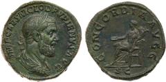 Pupienus. Æ Sestertius (20.51 g), AD 238. Rome. IMP CAES M CLOD PVPIENVS AVG, laureate, draped and cuirassed bust of Pupienus right. Reverse: CONCORDIA AVGG, S C in exergue, Concordia seated left, hol