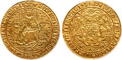 Great Britain. Gold Sovereign, ND. Henry VIII (1509-1547). Second coinage of 1526-44. Obverse: crowned facing full-length image of king enthroned, holding orb and scepter, portcullis at feet, initial 