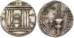 Judean Coins Judaea, Bar Kokhba Revolt. Silver Sela (13.47 g), 132-135 CE. Year 2 (133/4 CE). 'Jerusalem' (Paleo-Hebrew), tetrastyle façade of the Temple of Jerusalem; show bread table or Ark of the C