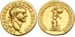 Judean Coins Vespasian. Gold Aureus (7.13 g), AD 69-79. Judaea Capta type. Rome, restoration issue under Trajan, ca. AD 107. IMP CAESAR VESPASIANVS AVG, laureate head of Vespasian. Reverse: IMP CAES T