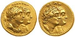 Jewish City Coins Ptolemaic Kingdom. Ptolemy II Philadelphos, with Arsinöe II, Ptolemy I and Berenike I. Gold Tetradrachm (13.86 g), 285-246 BC. Alexandria, ca. 265 BC or a little later. AΔEΛΦΩN, bust