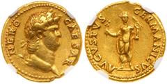 Roman Imperial Coinage Nero. Gold Aureus (7.27 g), AD 54-68. Rome, ca. AD 64/5. NERO CAESAR, laureate head of Nero right. Reverse: AVGVSTVS GERMANICVS, Nero standing facing, radiate and togate, holdin
