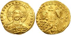 Byzantine Empire Basil II Bulgaroktonos. Gold Solidus (4.07 g), 976-1025. Constantinople, 977-989. + IhS XIS REX REGNANTihm, bust of Christ facing, raising hand in benediction and holding Gospels. Rev
