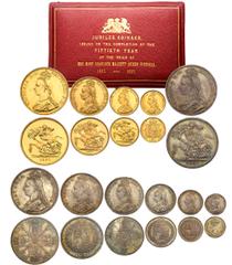World Gold Coins Great Britain. Jubilee Gold and Silver Set, 1887. Fr-390-393; S-3864-3869; KM-766-769. Victoria, 1837-1901. Set includes Gold 5 and 2 Pounds; Sovereign and Half Sovereign; Silver Crow