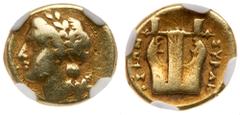 Ancient Coins Sicily, Syracuse. Agathokles. Electrum 25 Litrai (1.82 g), 317-289 BC. Ca. 310-306/5 BC. Laureate head of Apollo left. Reverse: ΣYPA[K]-OΣIΩN, lyre. Jenkins grp. A; SNG ANS 617-9; McClea