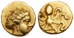 Ancient Coins Sicily, Syracuse. Agathokles. Electrum 10 Litrai (0.75 g), 317-289 BC. Ca. 310-305/4 BC. Head of nymph right, hair bound with ampyx and spendone. Reverse: Octopus. SNG ANS 620. Very Rare