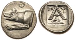 Ancient Coins Argolis, Argos. Silver Triobol (2.59 g), ca. 270-260/50 BC. Forepart of wolf at bay left; above, Θ. Reverse: Large A; across upper field, Π-A; below, eagle standing right on harpa right;