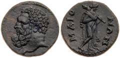 Ancient Coins Lydia, Maionia. Pseudo-autonomous issue. Æ (3.59 g), 2nd century AD. Bare head of bearded Herakles left. Reverse: MAIO-NΩN, Omphale with lion's skin draped about shoulders, advancing rig
