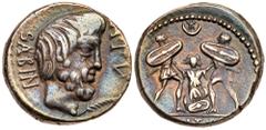 Ancient Coins L. Titurius L.f. Sabinus. Silver Denarius (4.23 g), 89 BC. Rome. SABIN behind, bare head of King Tatius right; before, A. PV; below chin, palm branch. Reverse: [L TITVRI] in exergue, Tar