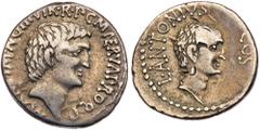 Ancient Coins Mark Antony & Lucius Antony. Silver Denarius (3.36 g), 41 BC. Ephesus. M. Cocceius Nerva, proquaestor. M ANT I(MP) (AV)G III VIR R P C M (NE)RVA PROQ P, bare head of Mark Antony right. R