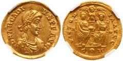 Ancient Coins Arcadius. Gold Solidus (4.29 g), AD 383-408. Mediolanum, AD 389-391. D N ARCADI-VS P F AVG, diademed, draped and cuirassed bust of Arcadius right. Reverse: VICTOR-IA AVGG, Theodosius I a
