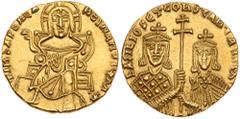 Ancient Coins Basil I, the Macedonian. Gold Solidus (4.32 g), 867-886. Constantinople, 871-886. + IhS XIS REX REςNANTIЧM *, Christ enthroned facing, raising hand in benediction and holding Gospels. Re