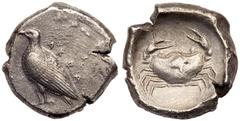 Ancient Coins Sicily, Akragas. Silver Didrachm (8.76g), c. 500-495 BC. Eagle with folded wings standing left; AKPA behind. Reverse: Crab, viewed from above, the right claw somewhat larger than the lef