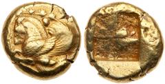 Ancient Coins Mysia, Lampsakos. Electrum Stater (15.32 g), ca. 480-450 BC. Forepart of Pegasos with curved wings to left; around, vine tendril with bunches of grapes. Reverse Quadripartite incuse squa