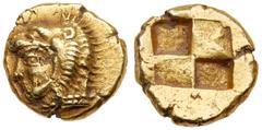 Ancient Coins Ionia. Erythrai. Electrum 1/6 Stater (2.54g), 550-500 BC. Head of Herakles left, bearded and wearing lion skin headdress. Reverse: Quadripartite incuse square. SNG Kayhan 737. SNG von Au