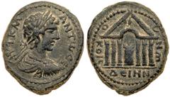 Ancient Coins City Coins of Judaea. Dium. Caracalla. Æ (14.07 g), AD 198-217. CY 270 (AD 207/8). Laureate, draped and cuirassed bust of Caracalla right. Reverse Flaming altar within tetrastyle temple 