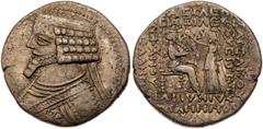 Ancient Coins Parthian Kingdom. Phraates IV. Billon Tetradrachm (13.92 g), 38-2 BC. Seleukeia on the Tigris mint. Dated Panemos SE 280 (June 24 BC). Diademed bust of Phraates left. Reverse: Athena sta