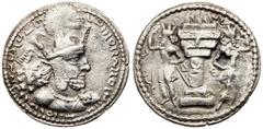 Ancient Coins Sasanian Empire. Shahpur I, ADD 240-272. Silver Obol (0.70 g). Ctesiphon mint, ca. AD 244-252/3. Bust of the king right, wearing diadem and mural crown with korymbos. Reverse: Fire altar
