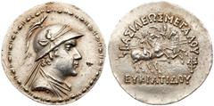 Ancient Coins Baktrian Kingdom. Eukratides I. Silver Tetradrachm (16.85 g), ca. 171-145 BC. Diademed, draped and cuirassed bust of Eukratides I right, wearing crested helmet adorned with bull's horn a