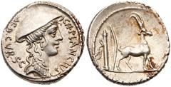 Ancient Coins Cn. Plancius. Silver Denarius (3.58g), 55 BC. Rome. AED CVR S C - CN PLANCIVS, bust of female deity (Diana Planciana?) right, wearing causia (sun hat), cruciform earring and pendant neck