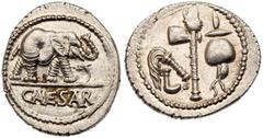 Ancient Coins Julius Caesar, as Dictator, 49-44 BC. Silver Denarius (3.94g). Military mint in northern Italy, 49 BC. Elephant advancing right, trampling horned serpent; CAESAR in exergue. Reverse: Pon