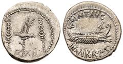 Ancient Coins Mark Antony, Silver Denarius (3.53g), 32-31 BC. Military mint in Greece (Patrai or Aigai?), 32-31 BC. ANT AVG - III VIR R P C, war galley under oar right with triple ram prow and scepter