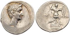 Ancient Coins Octavian, as Sole Imperator, Silver Denarius (3.68 g), 30-29 BC. Uncertain Italian mint, perhaps Rome. Bare head right / Trophy set on prow of galley right; crossed rudder and anchor at 