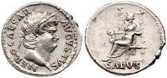 Ancient Coins Nero, Silver Denarius (3.60g). AD 54-68. Rome, AD 65-66. NERO CAESAR AVGVSTVS, laureate head of Nero right. Reverse: Salus seated left on throne, holding patera in right hand, SALVS in e