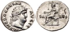 Ancient Coins Nero, Silver Denarius (3.41g). AD 54-68. Rome, AD 67-8. NERO CAESAR AVG P P, laureate head of Nero right. Reverse: SA-LVS, Salus seated left on throne holding patera in right hand. RIC 7
