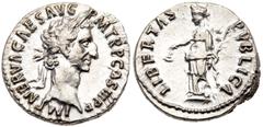 Ancient Coins Nerva, Silver Denarius (3.46g). AD 96-98. Rome, AD 97. IMP NERVA CAES AVG P M TR P COS III P P, laureate head of Nerva right. Reverse: LIBERTAS PVBLICA, Libertas standing left, holding p