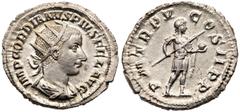 Ancient Coins Gordian III, Silver Antoninianus (3.45g). AD 238-244. Rome, AD 242-3. IMP GORDIANVS PIVS FEL AVG, radiate, draped and cuirassed bust of Gordian right. Reverse: PM TR P III COS II P P, Go