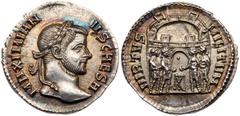 Ancient Coins Galerius. Silver Argenteus (2.50g), as Caesar, AD 293-305. Siscia, AD 294-295. MAXIMIAN-VS CAESA (sic), laureate head of Galerius right. Reverse: VIRTVS MILITVM, the four Tetrarchs sacri