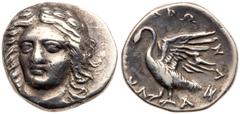 Ionia, Klazomenai. Silver Hemidrachm (1.99 g), ca. 380-360 BC. Kronax, magistrate. Laureate head of Apollo facing slightly left. Reverse: KΛ-A below, swan standing left; around, magistrate's name: KPΩ