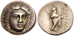 Carian Satraps. Maussollos. Silver Drachm (3.70 g), 377/6-353/2 BC. Halikarnassos. Laureate head of Apollo facing slightly right. Reverse: MAYΣΣΩΛΛ[O], Zeus Labraundos standing right, holding labrys a